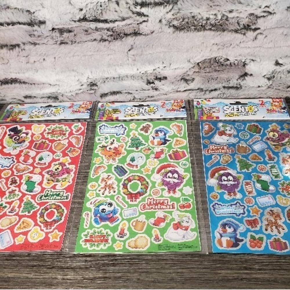 Lot Of 3 Scentos SCENTED Christmas Stickers, 6 Sheets Total Glitter & Metallic